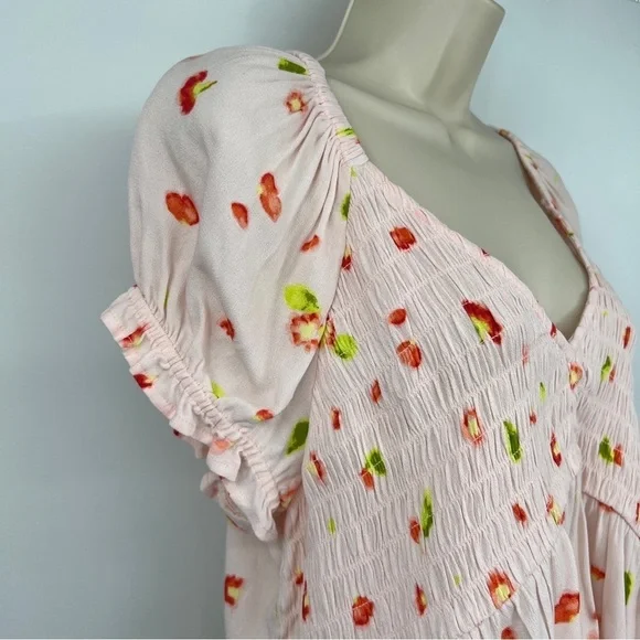 BP. Babydoll Shirred Pink Floral Smocked Short Sleeve Peplum Crop Top Multicolor - Picture 5 of 13